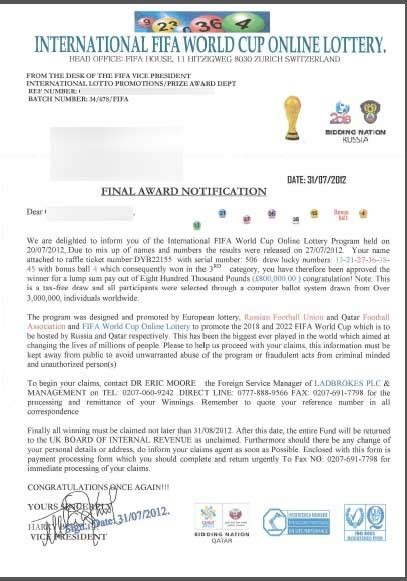 international fifa world cup lottery|Beware of 'Interrnational FIFA World Cup' lottery scam letter.